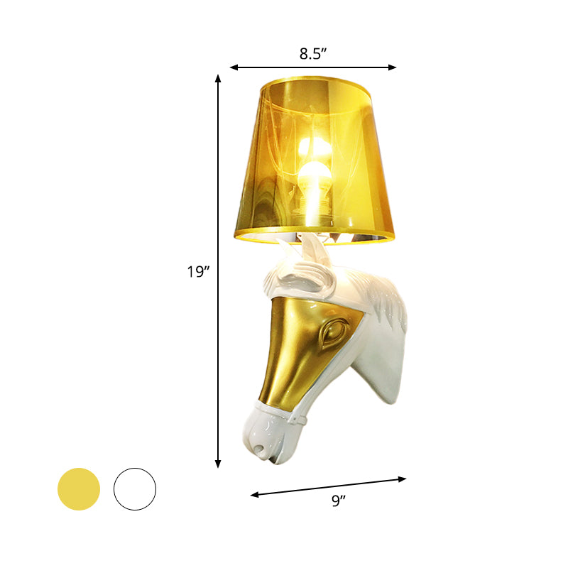 Traditional Cone Sconce Light Fixture 1 Bulb Fabric Wall Mount Lighting in White/Gold for Bedroom with Horse Head Backplate Clearhalo 'Wall Lamps & Sconces' 'Wall Lights' Lighting' 340174