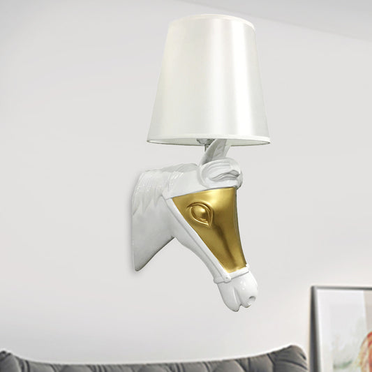 Traditional Cone Sconce Light Fixture 1 Bulb Fabric Wall Mount Lighting in White/Gold for Bedroom with Horse Head Backplate Clearhalo 'Wall Lamps & Sconces' 'Wall Lights' Lighting' 340176