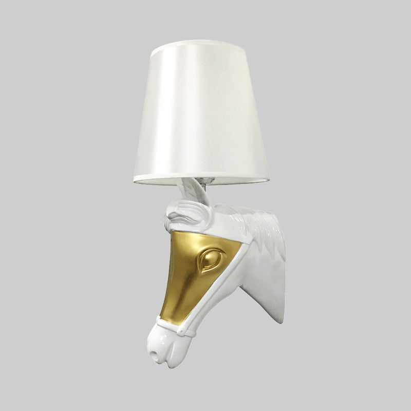 Traditional Cone Sconce Light Fixture 1 Bulb Fabric Wall Mount Lighting in White/Gold for Bedroom with Horse Head Backplate Clearhalo 'Wall Lamps & Sconces' 'Wall Lights' Lighting' 340177