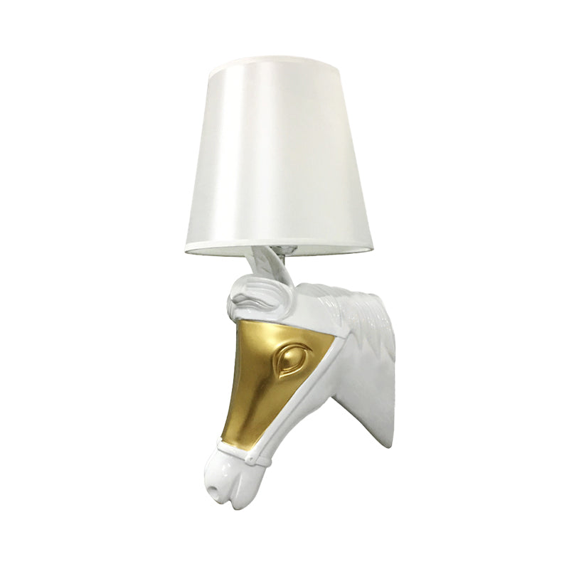 Traditional Cone Sconce Light Fixture 1 Bulb Fabric Wall Mount Lighting in White/Gold for Bedroom with Horse Head Backplate Clearhalo 'Wall Lamps & Sconces' 'Wall Lights' Lighting' 340178