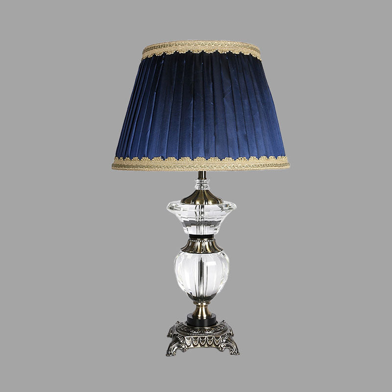 Barrel Bedroom Crystal Night Table Lamp Lodge Fabric 1 Light Blue Nightstand Light with Braided Trim Clearhalo 'Lamps' 'Table Lamps' Lighting' 340204