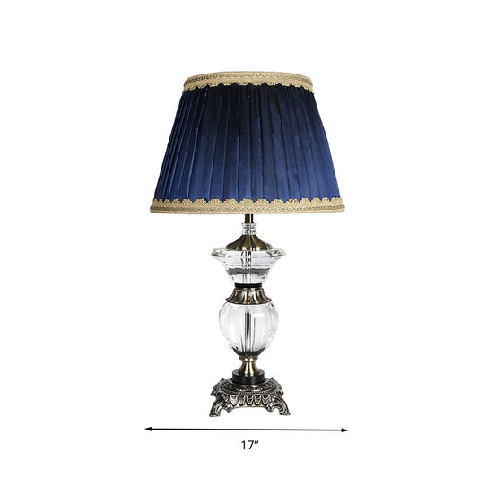 Barrel Bedroom Crystal Night Table Lamp Lodge Fabric 1 Light Blue Nightstand Light with Braided Trim Clearhalo 'Lamps' 'Table Lamps' Lighting' 340205