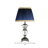 Barrel Bedroom Crystal Night Table Lamp Lodge Fabric 1 Light Blue Nightstand Light with Braided Trim Clearhalo 'Lamps' 'Table Lamps' Lighting' 340205