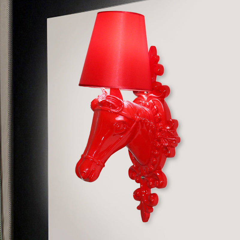 Fabric Red/Yellow/Orange Sconce Lamp Horse Head 1-Light Traditional Wall Mounted Lighting for Indoor Red Clearhalo 'Wall Lamps & Sconces' 'Wall Lights' Lighting' 340221