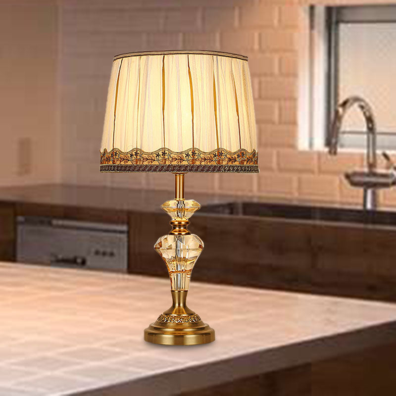 Fabric Beige Table Lamp Tapered Drum 1 Light Minimalism Night Light with Crystal Base Beige C Clearhalo 'Lamps' 'Table Lamps' Lighting' 340242