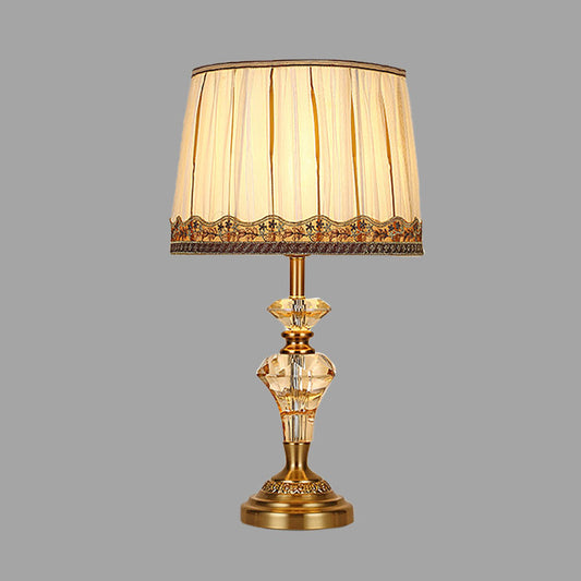 Fabric Beige Table Lamp Tapered Drum 1 Light Minimalism Night Light with Crystal Base Clearhalo 'Lamps' 'Table Lamps' Lighting' 340245