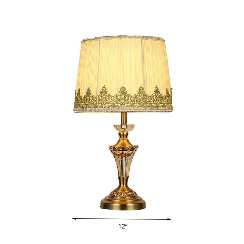 Fabric Beige Table Lamp Tapered Drum 1 Light Minimalism Night Light with Crystal Base Clearhalo 'Lamps' 'Table Lamps' Lighting' 340249