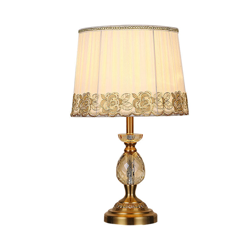 Fabric Beige Table Lamp Tapered Drum 1 Light Minimalism Night Light with Crystal Base Clearhalo 'Lamps' 'Table Lamps' Lighting' 340251