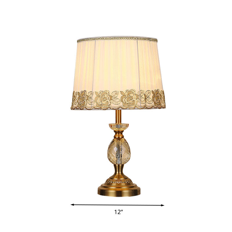 Fabric Beige Table Lamp Tapered Drum 1 Light Minimalism Night Light with Crystal Base Clearhalo 'Lamps' 'Table Lamps' Lighting' 340252