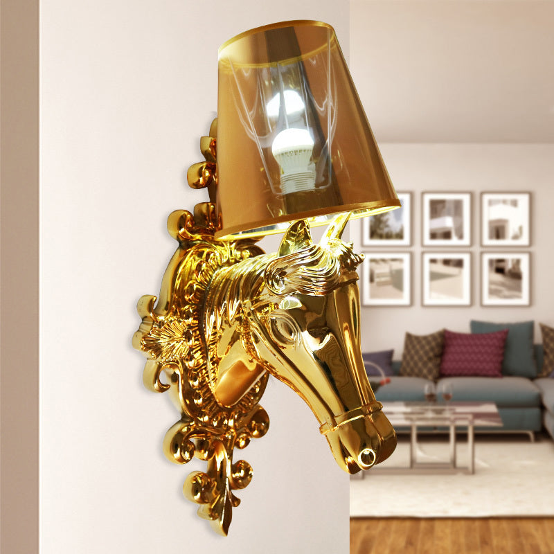 One Bulb Fabric Wall Lighting Traditional Gold/Silver Cone Corridor Sconce Light Fixture with Horse Head Backplate Gold Clearhalo 'Wall Lamps & Sconces' 'Wall Lights' Lighting' 340258