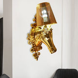 One Bulb Fabric Wall Lighting Traditional Gold/Silver Cone Corridor Sconce Light Fixture with Horse Head Backplate Clearhalo 'Wall Lamps & Sconces' 'Wall Lights' Lighting' 340259