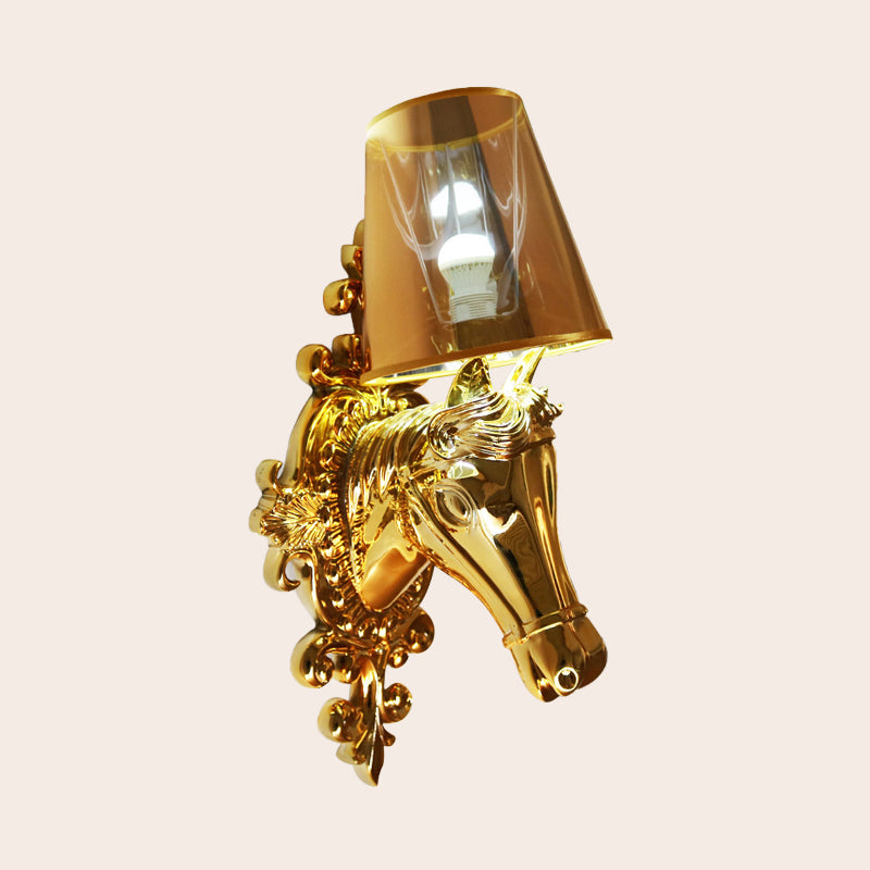 One Bulb Fabric Wall Lighting Traditional Gold/Silver Cone Corridor Sconce Light Fixture with Horse Head Backplate Clearhalo 'Wall Lamps & Sconces' 'Wall Lights' Lighting' 340260