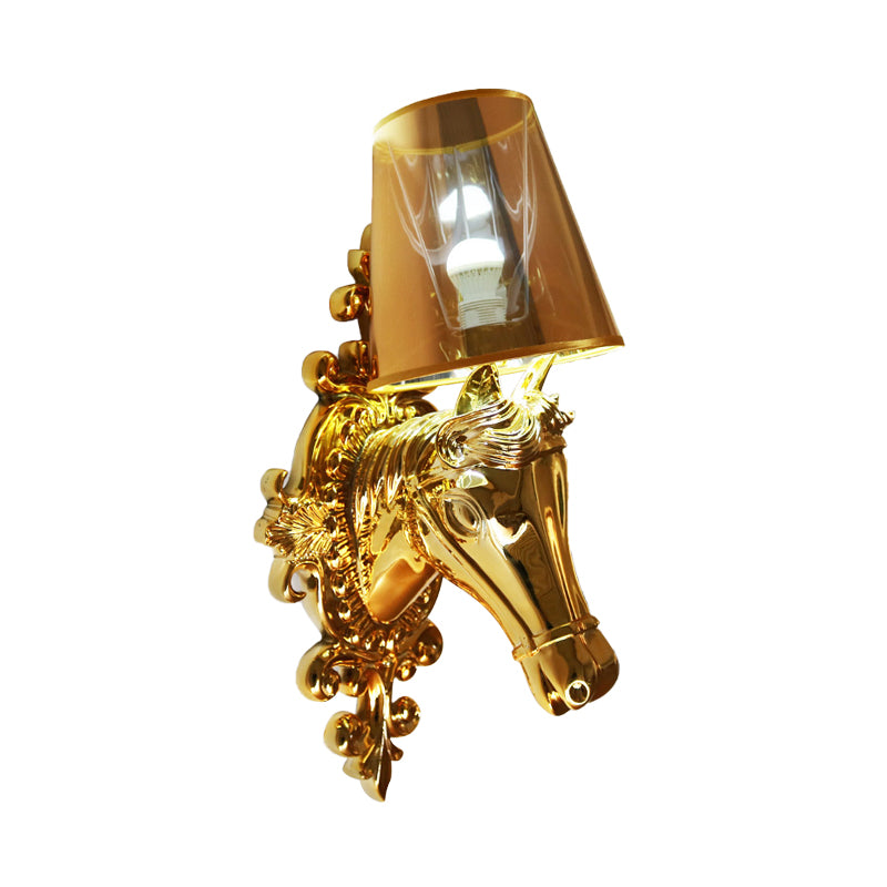 One Bulb Fabric Wall Lighting Traditional Gold/Silver Cone Corridor Sconce Light Fixture with Horse Head Backplate Clearhalo 'Wall Lamps & Sconces' 'Wall Lights' Lighting' 340261