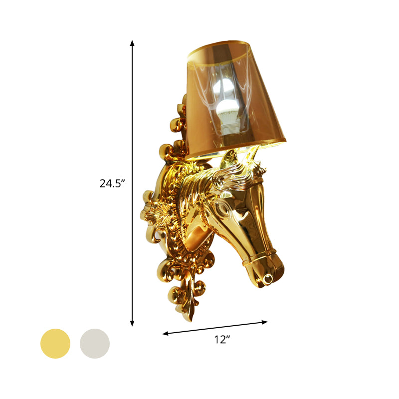 One Bulb Fabric Wall Lighting Traditional Gold/Silver Cone Corridor Sconce Light Fixture with Horse Head Backplate Clearhalo 'Wall Lamps & Sconces' 'Wall Lights' Lighting' 340262