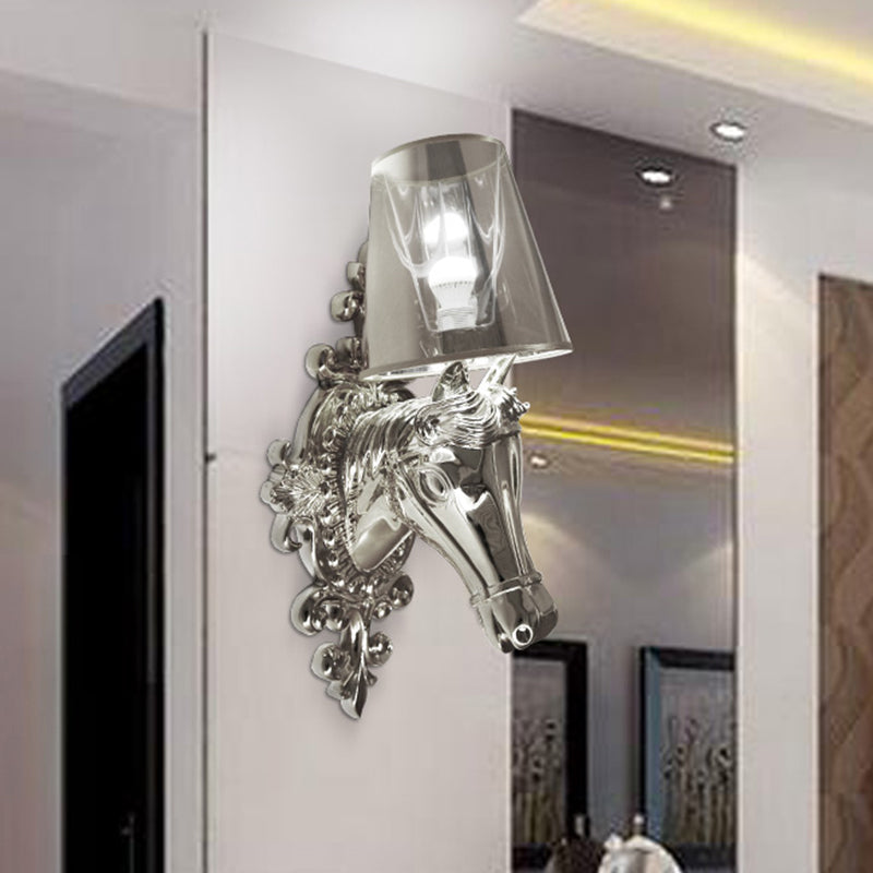 One Bulb Fabric Wall Lighting Traditional Gold/Silver Cone Corridor Sconce Light Fixture with Horse Head Backplate Clearhalo 'Wall Lamps & Sconces' 'Wall Lights' Lighting' 340264