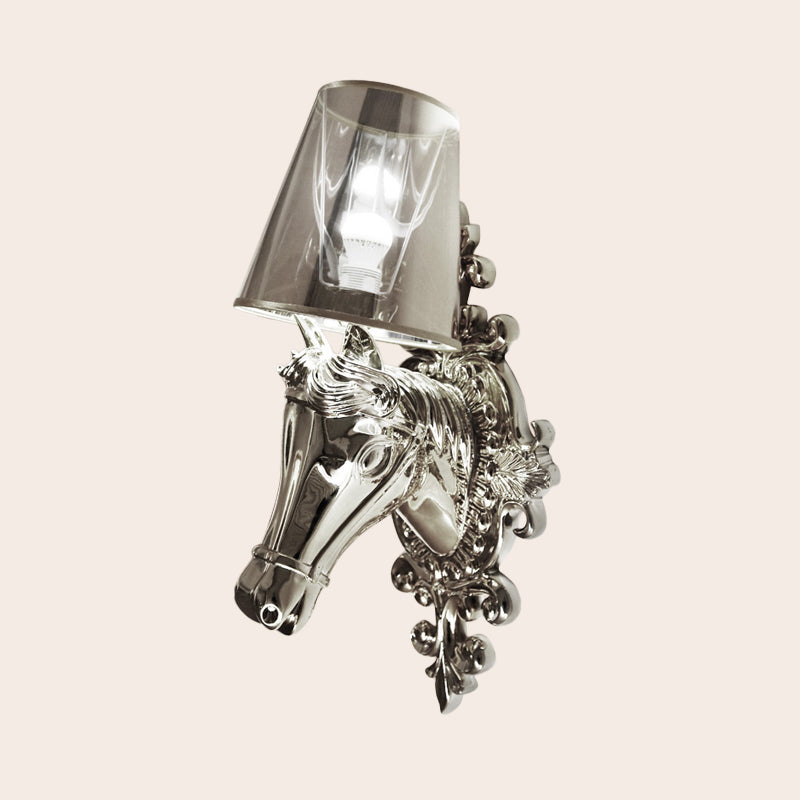 One Bulb Fabric Wall Lighting Traditional Gold/Silver Cone Corridor Sconce Light Fixture with Horse Head Backplate Clearhalo 'Wall Lamps & Sconces' 'Wall Lights' Lighting' 340265