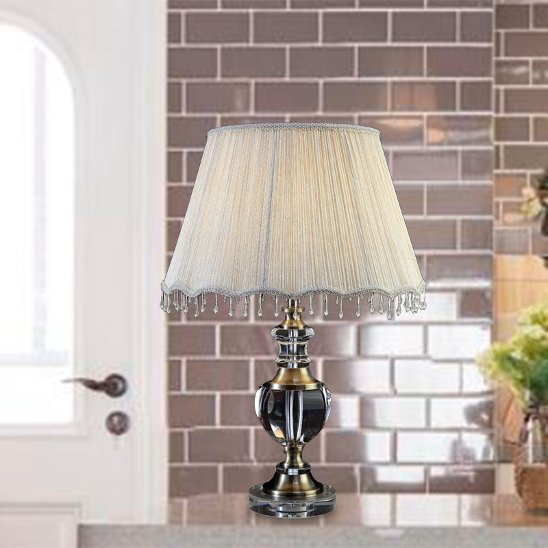 14"/16" W 1 Light Bedroom Night Table Light Traditional Cream Gray Crystal Nightstand Lamp with Cone Fabric Shade Cream Gray Clearhalo 'Lamps' 'Table Lamps' Lighting' 340277