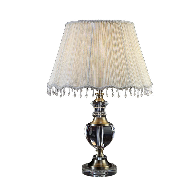 14"/16" W 1 Light Bedroom Night Table Light Traditional Cream Gray Crystal Nightstand Lamp with Cone Fabric Shade Clearhalo 'Lamps' 'Table Lamps' Lighting' 340279