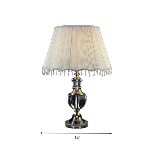 14"/16" W 1 Light Bedroom Night Table Light Traditional Cream Gray Crystal Nightstand Lamp with Cone Fabric Shade Clearhalo 'Lamps' 'Table Lamps' Lighting' 340281