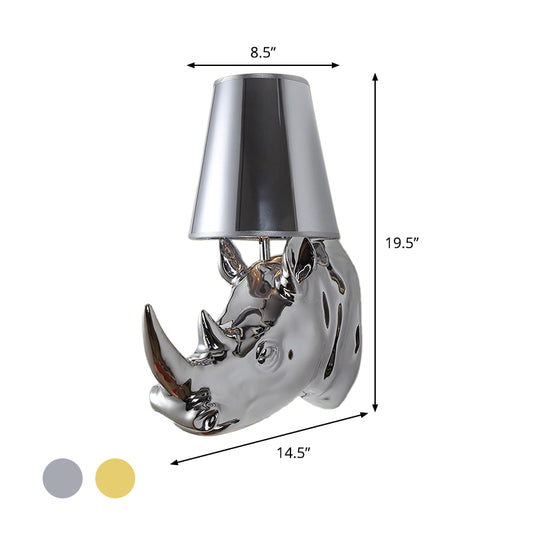 Resin Silver/Gold Sconce Light Fixture Rhinoceros 1-Light Rustic Wall Mounted Lighting for Bedroom with Cone Fabric Shade Clearhalo 'Wall Lamps & Sconces' 'Wall Lights' Lighting' 340318