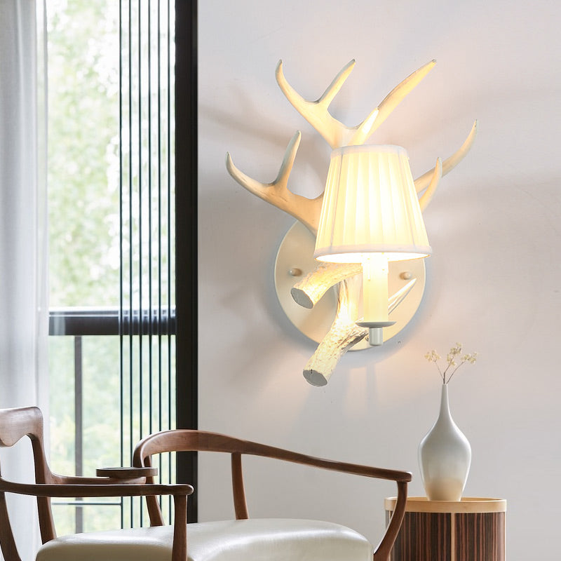 1 Light Resin Wall Lamp Rustic White Cone Dining Room Sconce Light Fixture with Elk Backplate Clearhalo 'Wall Lamps & Sconces' 'Wall Lights' Lighting' 340326