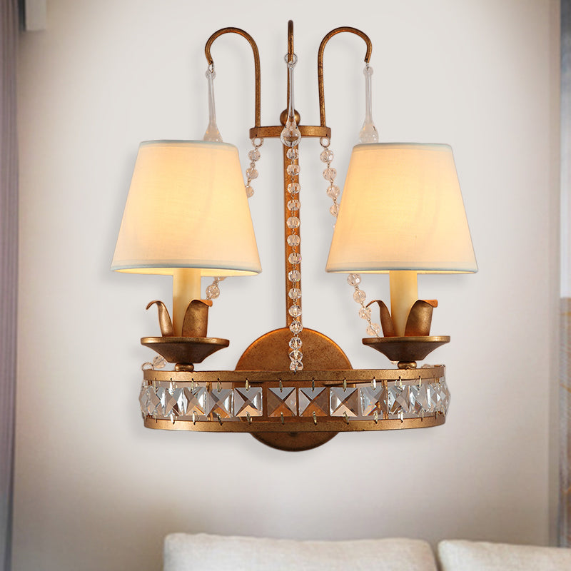 Rustic Barrel Sconce Lamp 2 Bulbs Metal and Fabric Wall Mounted Light in Antique Brass for Bedroom Antique Brass Clearhalo 'Wall Lamps & Sconces' 'Wall Lights' Lighting' 340340