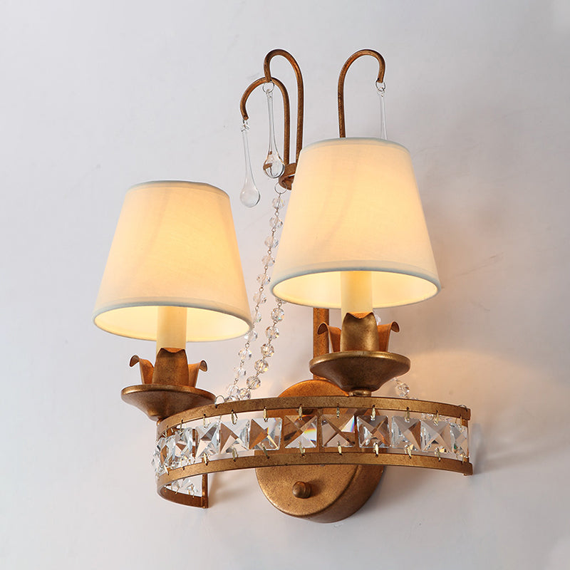 Rustic Barrel Sconce Lamp 2 Bulbs Metal and Fabric Wall Mounted Light in Antique Brass for Bedroom Clearhalo 'Wall Lamps & Sconces' 'Wall Lights' Lighting' 340342