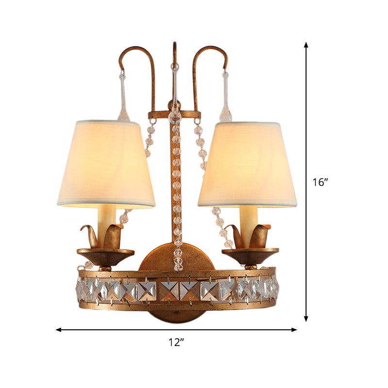 Rustic Barrel Sconce Lamp 2 Bulbs Metal and Fabric Wall Mounted Light in Antique Brass for Bedroom Clearhalo 'Wall Lamps & Sconces' 'Wall Lights' Lighting' 340344