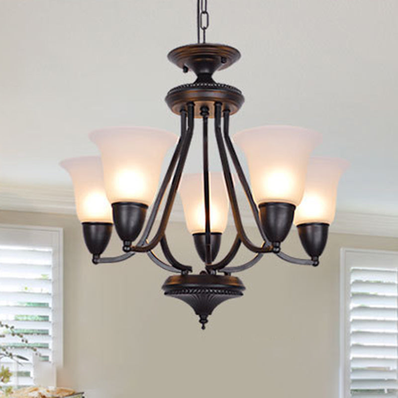 3/5/6 Lights Pendant Light Classic Bell Frosted Glass Hanging Chandelier in Deep Tan for Dining Room 5 Deep Tan Clearhalo 'Ceiling Lights' 'Chandeliers' Lighting' options 340375_2c60a580-9ff6-4b85-a4fc-4aa66e3ab32a