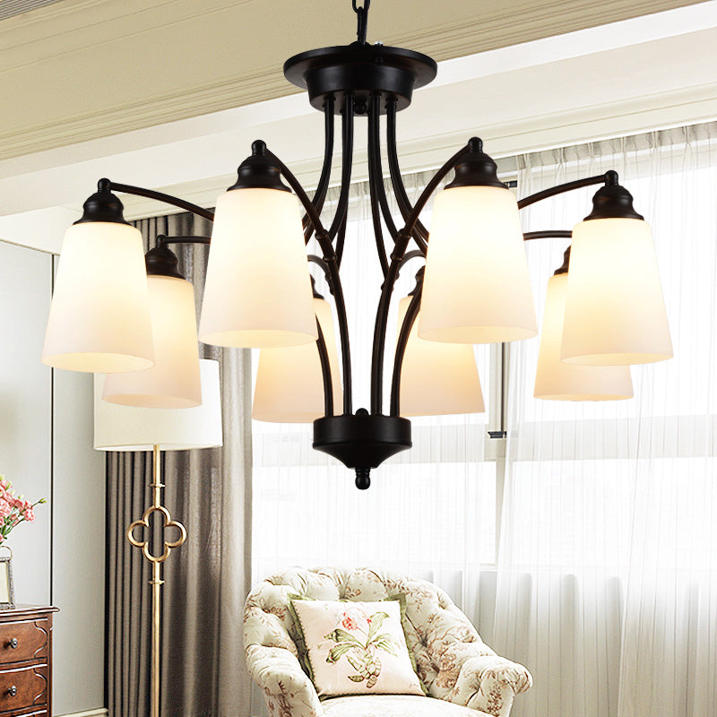 3/6/8 Lights Frosted Glass Hanging Chandelier Traditional Black Tapered Living Room Pendant Light Fixture Clearhalo 'Ceiling Lights' 'Chandeliers' Lighting' options 340404