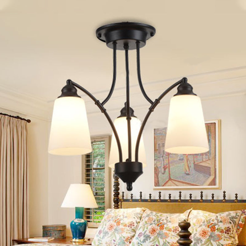 3/6/8 Lights Frosted Glass Hanging Chandelier Traditional Black Tapered Living Room Pendant Light Fixture Clearhalo 'Ceiling Lights' 'Chandeliers' Lighting' options 340413