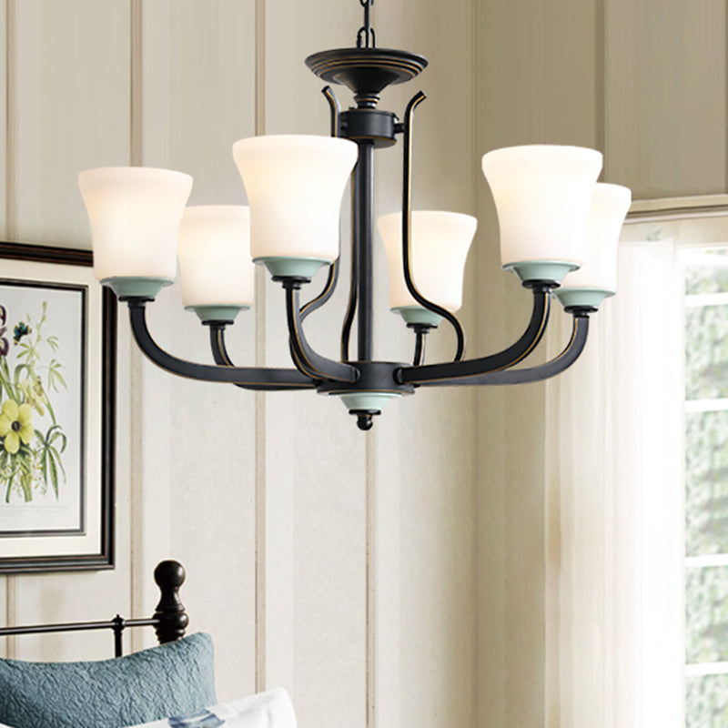 Bell Living Room Pendant Chandelier Traditional Opal Glass 3/6 Lights Black Hanging Fixture Clearhalo 'Ceiling Lights' 'Chandeliers' Lighting' options 340431