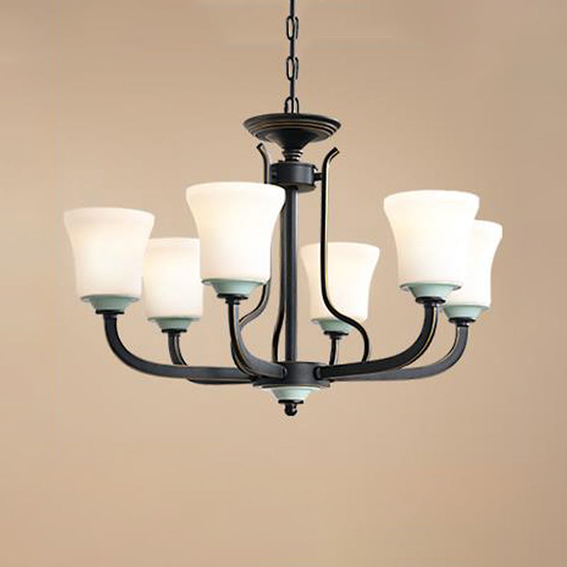 Bell Living Room Pendant Chandelier Traditional Opal Glass 3/6 Lights Black Hanging Fixture Clearhalo 'Ceiling Lights' 'Chandeliers' Lighting' options 340434