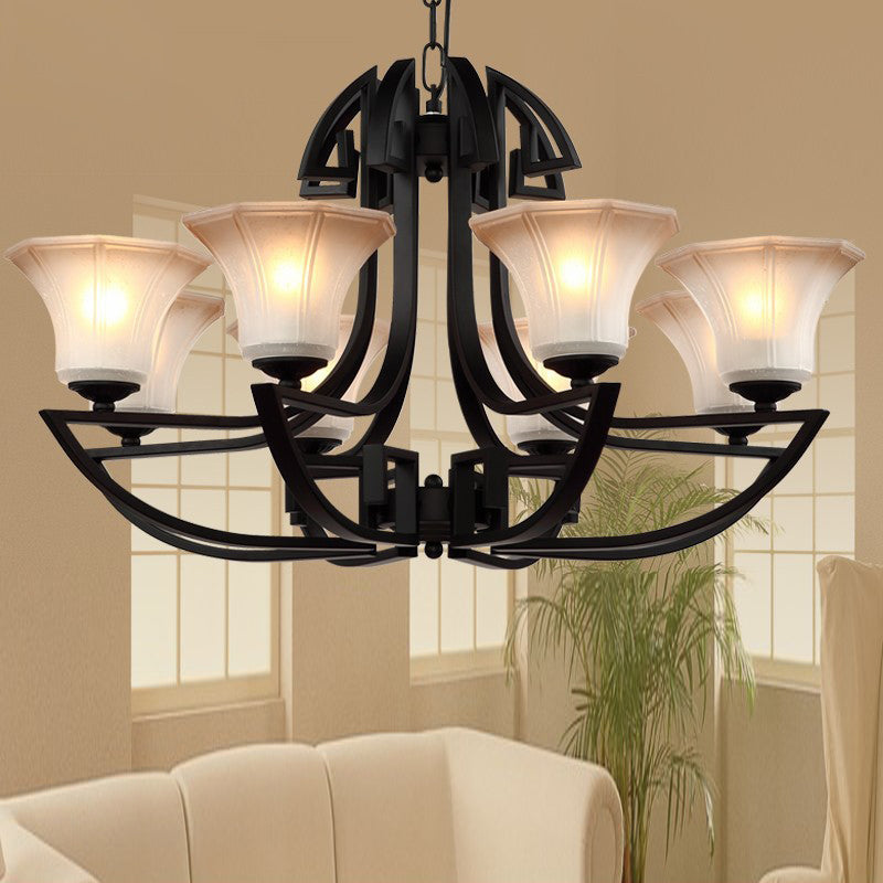 Black 3/6 Lights Pendant Chandelier Vintage Frosted Glass and Metal Flower Shape Hanging Light Clearhalo 'Ceiling Lights' 'Chandeliers' Lighting' options 340447