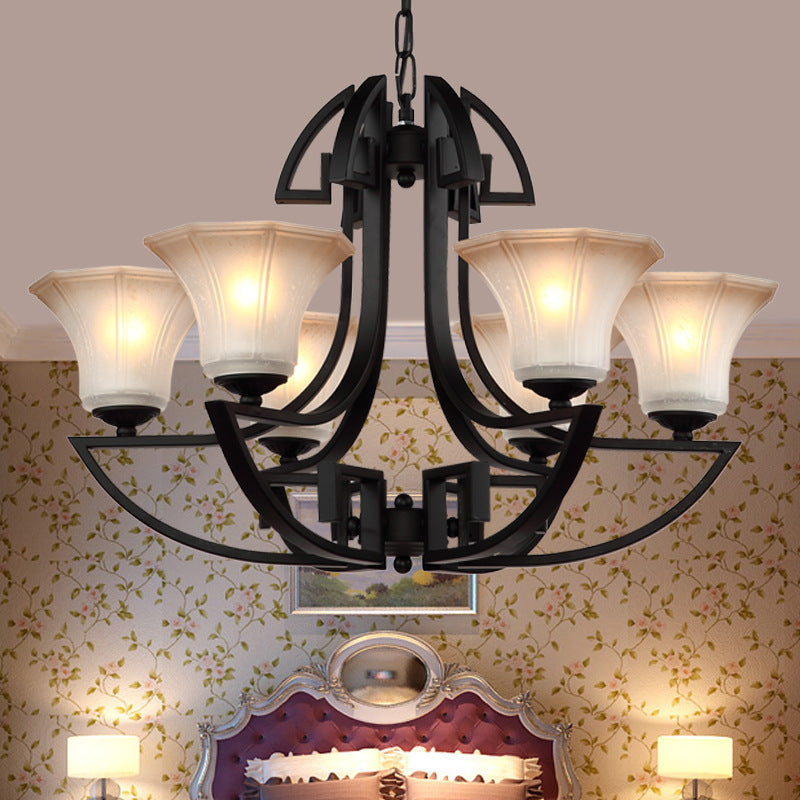 Black 3/6 Lights Pendant Chandelier Vintage Frosted Glass and Metal Flower Shape Hanging Light Clearhalo 'Ceiling Lights' 'Chandeliers' Lighting' options 340448