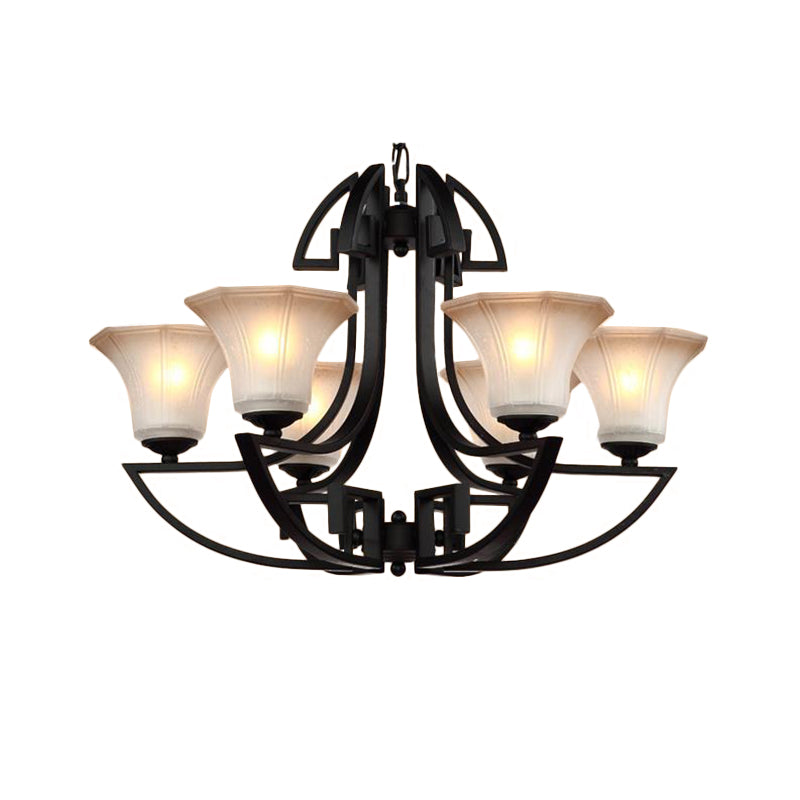 Black 3/6 Lights Pendant Chandelier Vintage Frosted Glass and Metal Flower Shape Hanging Light Clearhalo 'Ceiling Lights' 'Chandeliers' Lighting' options 340449