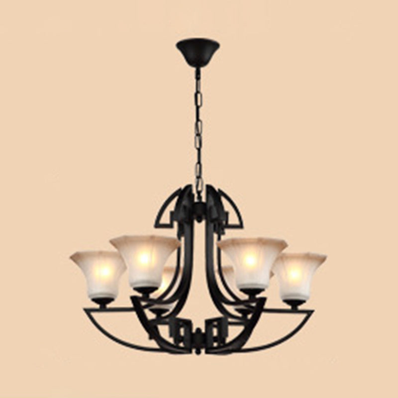 Black 3/6 Lights Pendant Chandelier Vintage Frosted Glass and Metal Flower Shape Hanging Light Clearhalo 'Ceiling Lights' 'Chandeliers' Lighting' options 340450