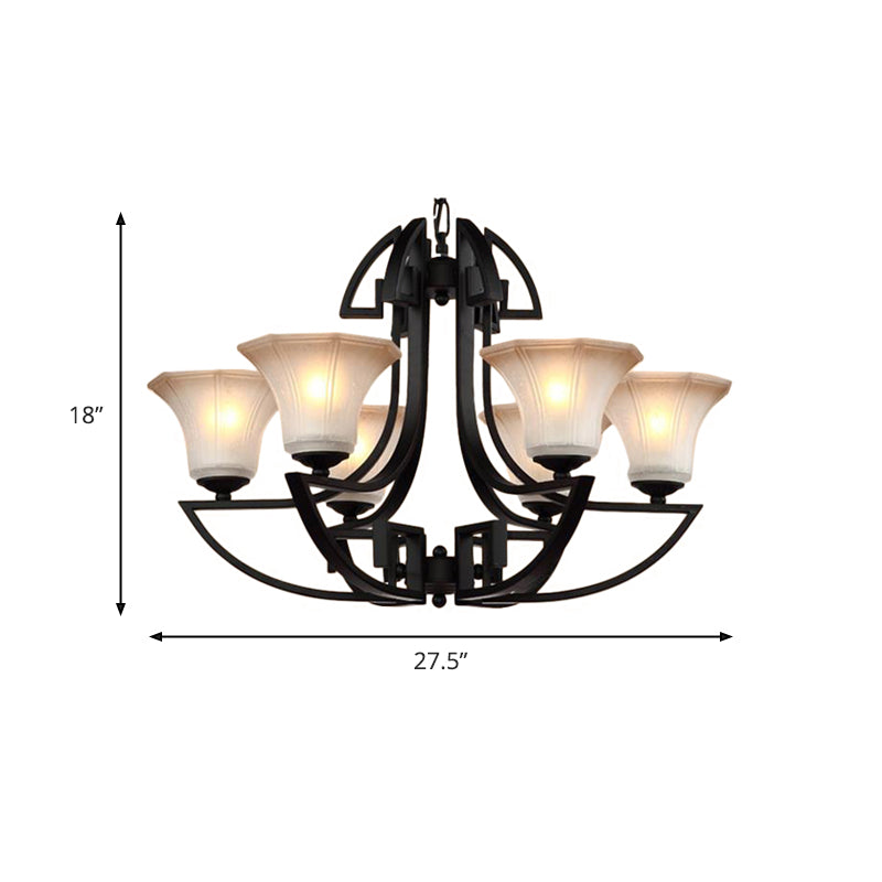 Black 3/6 Lights Pendant Chandelier Vintage Frosted Glass and Metal Flower Shape Hanging Light Clearhalo 'Ceiling Lights' 'Chandeliers' Lighting' options 340451