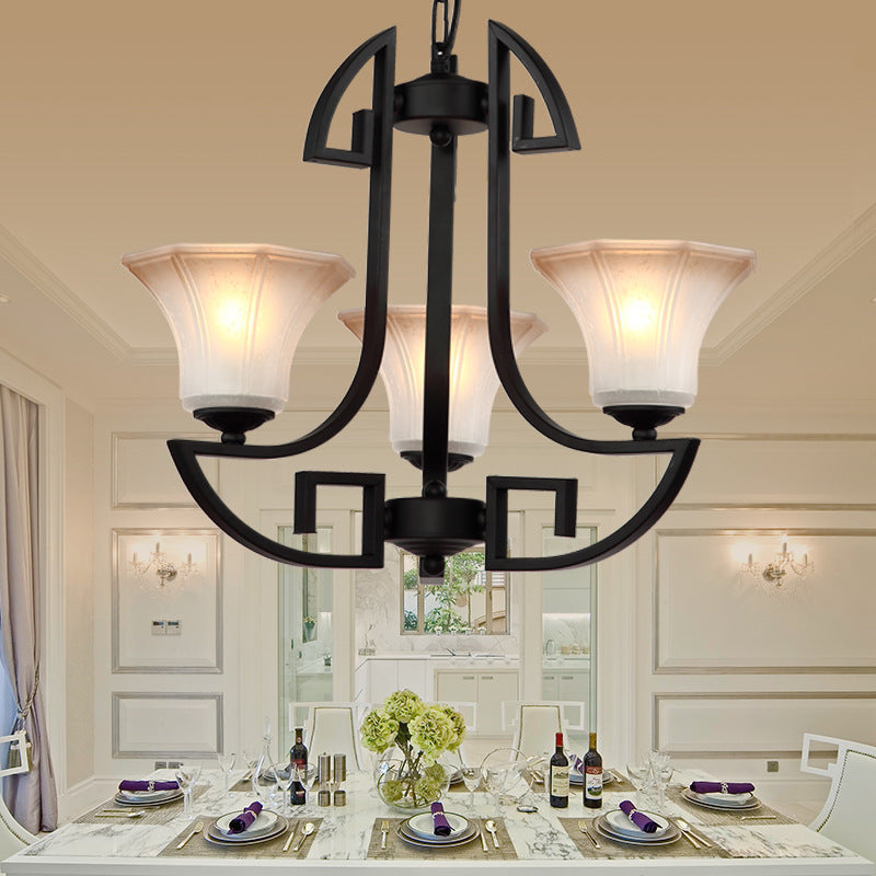 Black 3/6 Lights Pendant Chandelier Vintage Frosted Glass and Metal Flower Shape Hanging Light Clearhalo 'Ceiling Lights' 'Chandeliers' Lighting' options 340452