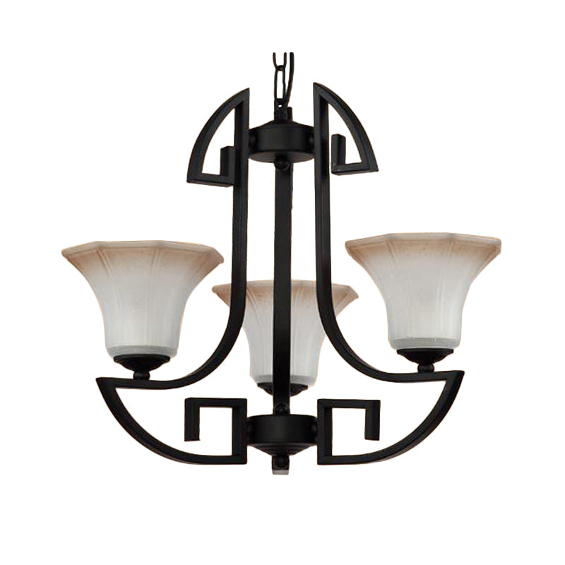 Black 3/6 Lights Pendant Chandelier Vintage Frosted Glass and Metal Flower Shape Hanging Light Clearhalo 'Ceiling Lights' 'Chandeliers' Lighting' options 340453