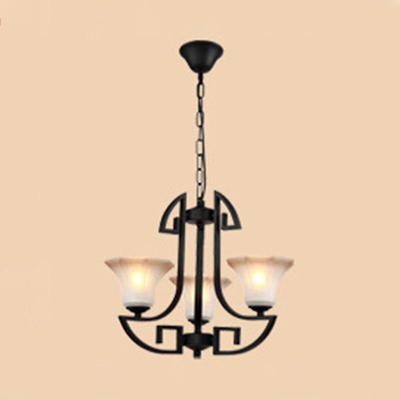 Black 3/6 Lights Pendant Chandelier Vintage Frosted Glass and Metal Flower Shape Hanging Light Clearhalo 'Ceiling Lights' 'Chandeliers' Lighting' options 340454