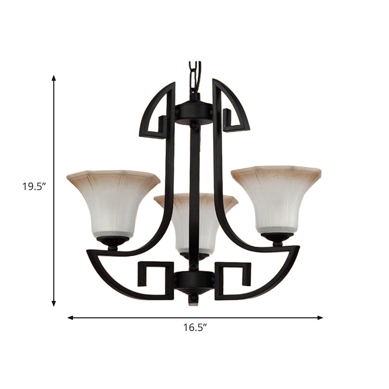 Black 3/6 Lights Pendant Chandelier Vintage Frosted Glass and Metal Flower Shape Hanging Light Clearhalo 'Ceiling Lights' 'Chandeliers' Lighting' options 340455