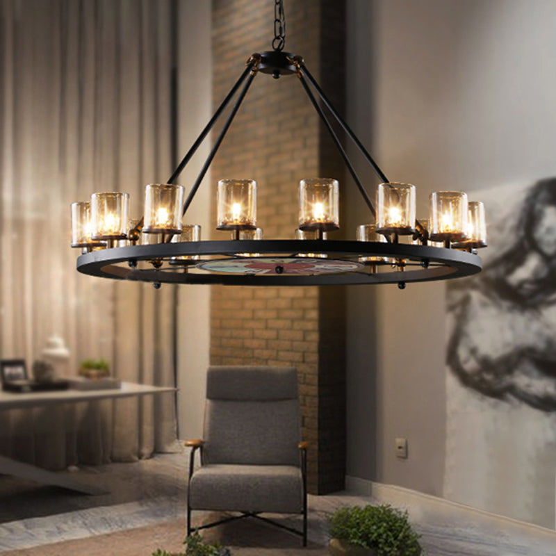 Clear Glass Wagon Wheel Hanging Chandelier Classic 12/16 Lights Living Room Pendant Light with Cylinder Shade 16 Black Clearhalo 'Ceiling Lights' 'Chandeliers' Lighting' options 340456_b0565923-f576-4eed-a3d0-2a8f854f5438