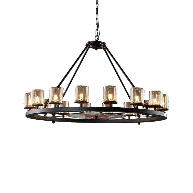 Clear Glass Wagon Wheel Hanging Chandelier Classic 12/16 Lights Living Room Pendant Light with Cylinder Shade Clearhalo 'Ceiling Lights' 'Chandeliers' Lighting' options 340458