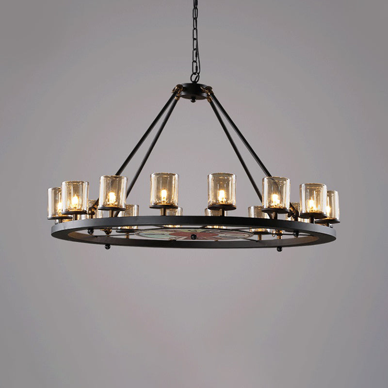 Clear Glass Wagon Wheel Hanging Chandelier Classic 12/16 Lights Living Room Pendant Light with Cylinder Shade Clearhalo 'Ceiling Lights' 'Chandeliers' Lighting' options 340459