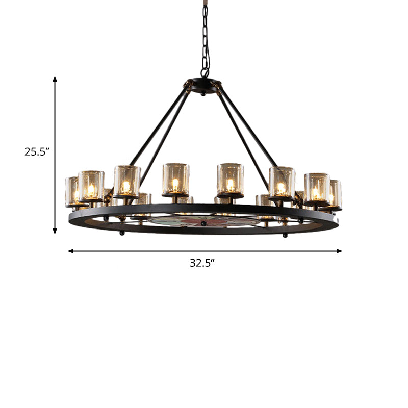 Clear Glass Wagon Wheel Hanging Chandelier Classic 12/16 Lights Living Room Pendant Light with Cylinder Shade Clearhalo 'Ceiling Lights' 'Chandeliers' Lighting' options 340460