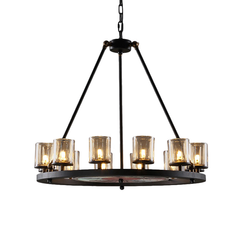 Clear Glass Wagon Wheel Hanging Chandelier Classic 12/16 Lights Living Room Pendant Light with Cylinder Shade Clearhalo 'Ceiling Lights' 'Chandeliers' Lighting' options 340462