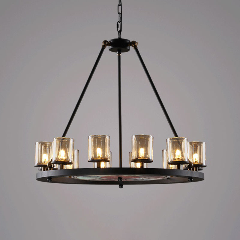 Clear Glass Wagon Wheel Hanging Chandelier Classic 12/16 Lights Living Room Pendant Light with Cylinder Shade Clearhalo 'Ceiling Lights' 'Chandeliers' Lighting' options 340463