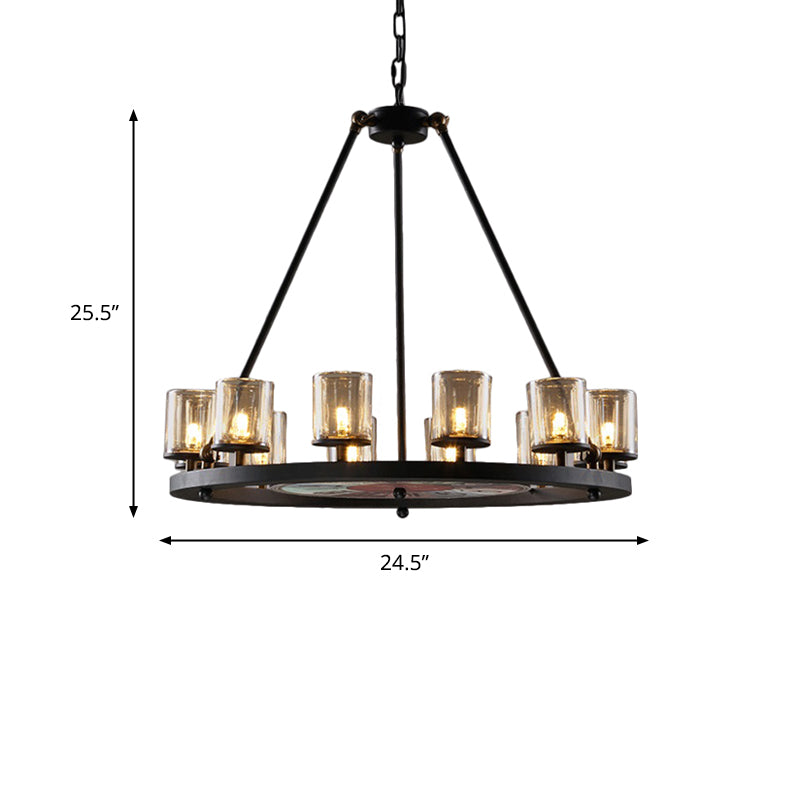 Clear Glass Wagon Wheel Hanging Chandelier Classic 12/16 Lights Living Room Pendant Light with Cylinder Shade Clearhalo 'Ceiling Lights' 'Chandeliers' Lighting' options 340464