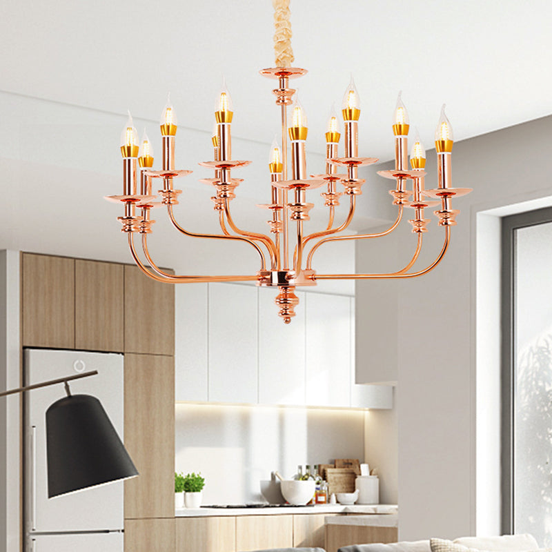 Candle-Style Living Room Pendant Chandelier Traditional Metal 12 Lights Rose Gold Hanging Light Fixture Rose Gold Clearhalo 'Ceiling Lights' 'Chandeliers' Lighting' options 340465_73eeccb1-7f2a-4a9b-854e-dcefdce46419